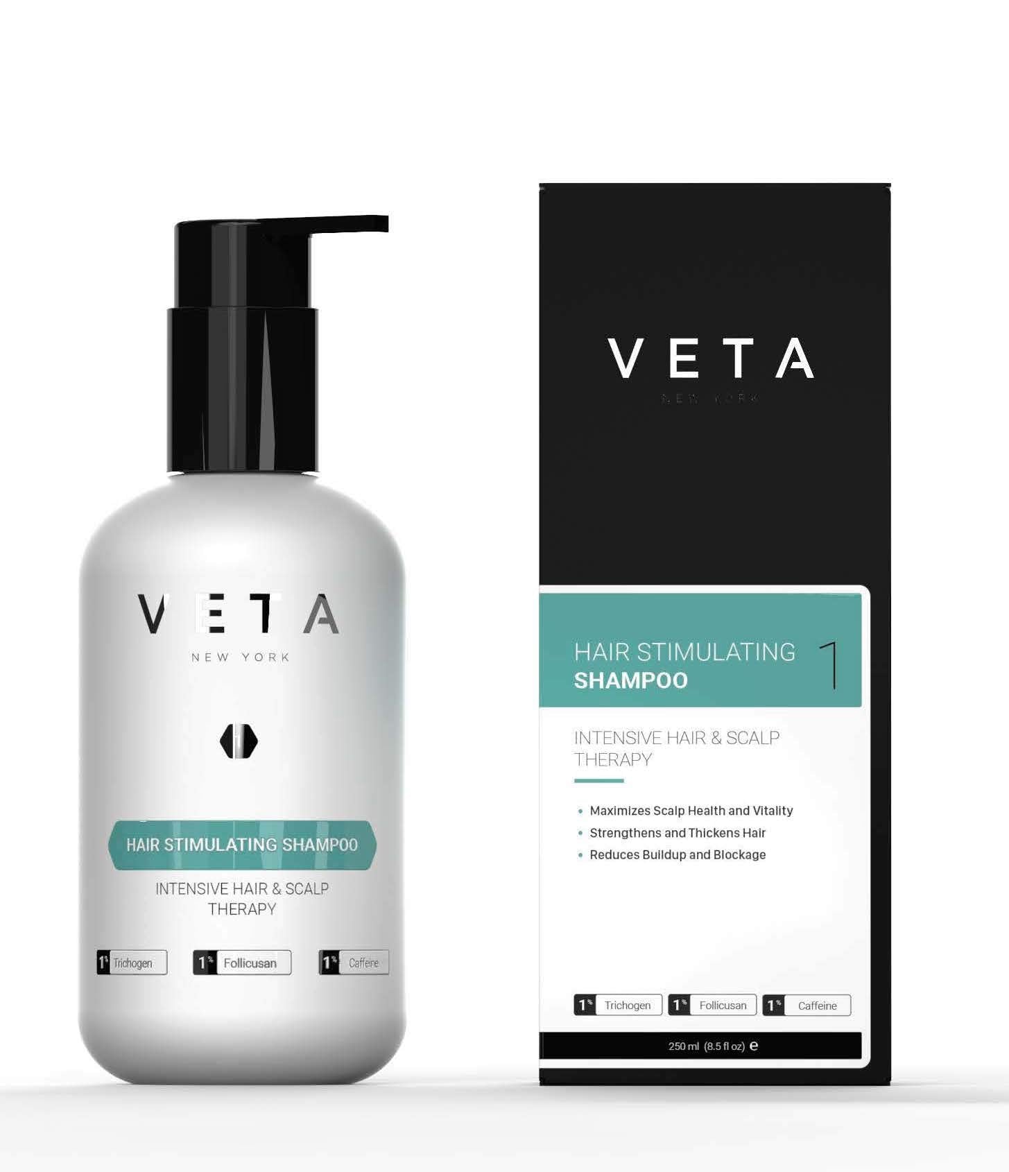 Veta Hair Stimulating Shampoo bottle front with unscented formula for daily care