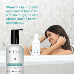 Veta Hair Stimulating Shampoo lather in hand demonstrates lightweight cleansing