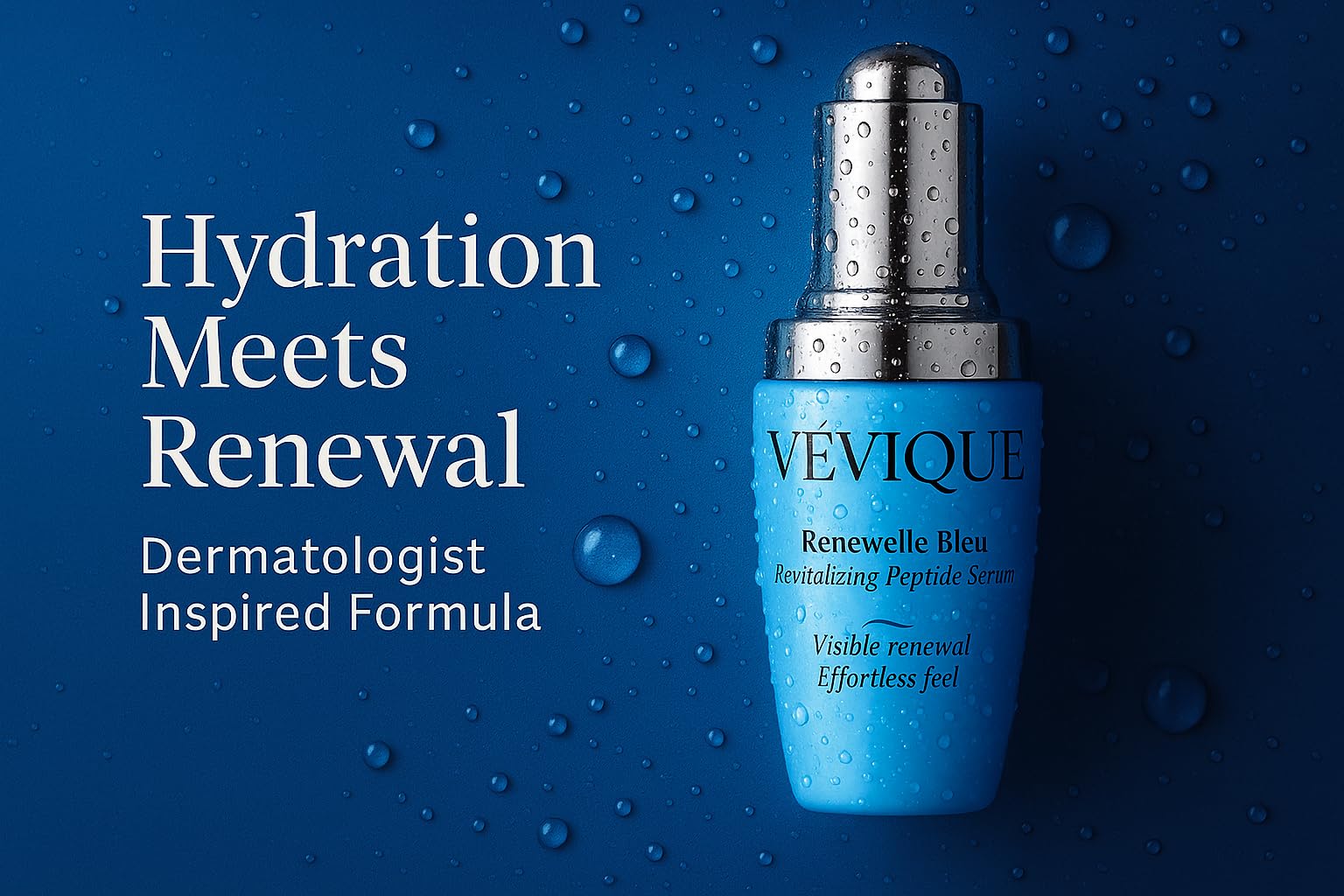 VÉVIQUE Renewelle Bleu Serum being applied, ideal for layering with skincare.