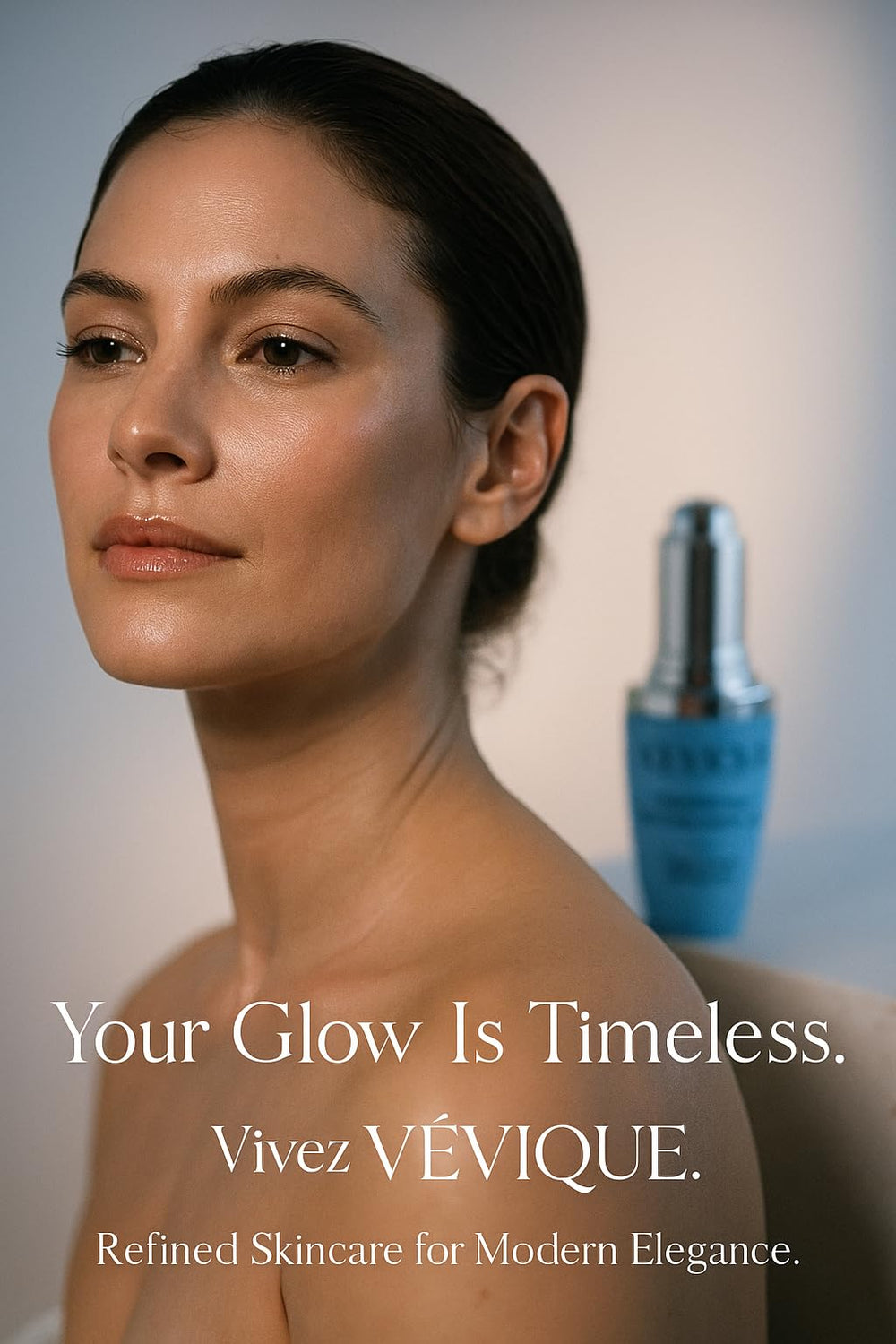 VÉVIQUE Renewelle Bleu Serum on a bathroom shelf for daily ritual.
