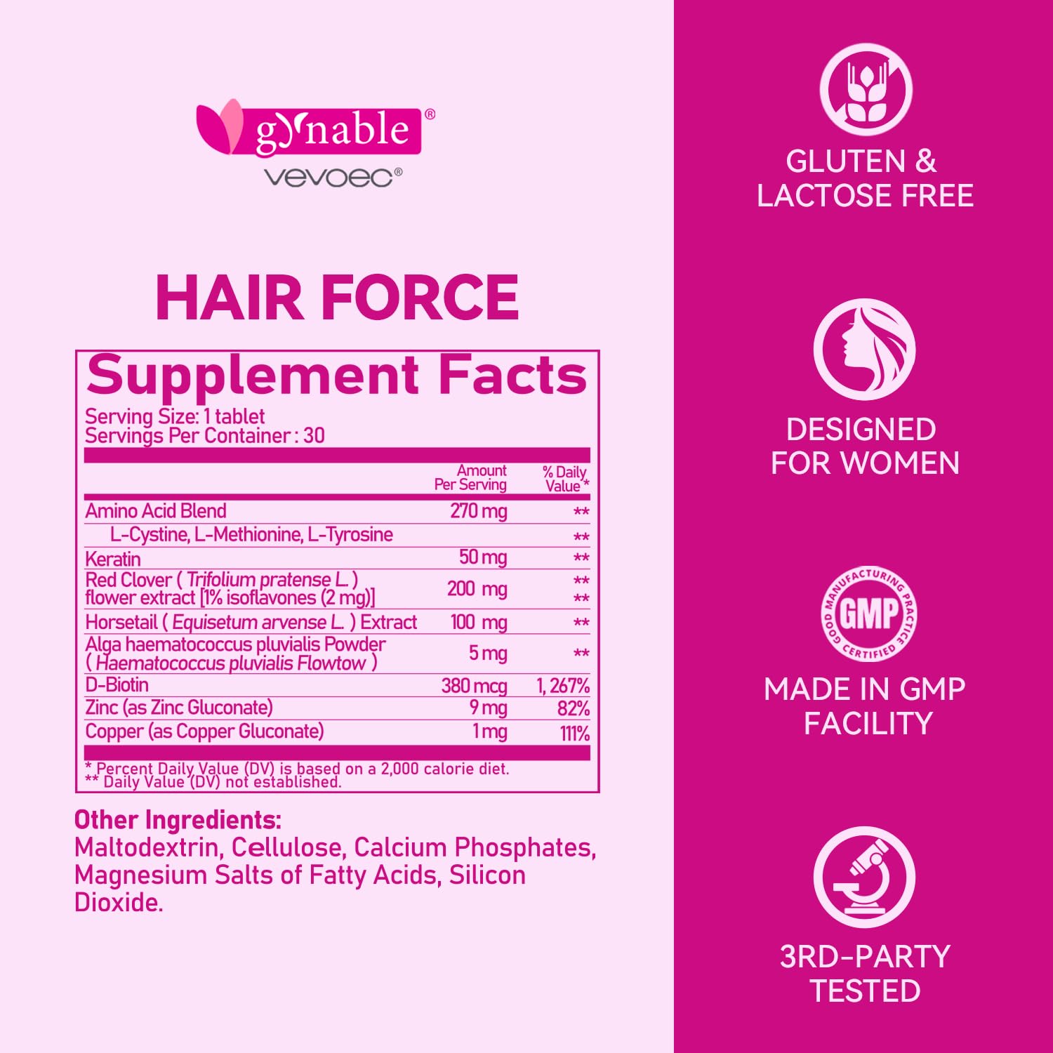 Vevoec Hair Force packaging communicates gluten-free, vegetarian formula for hair care