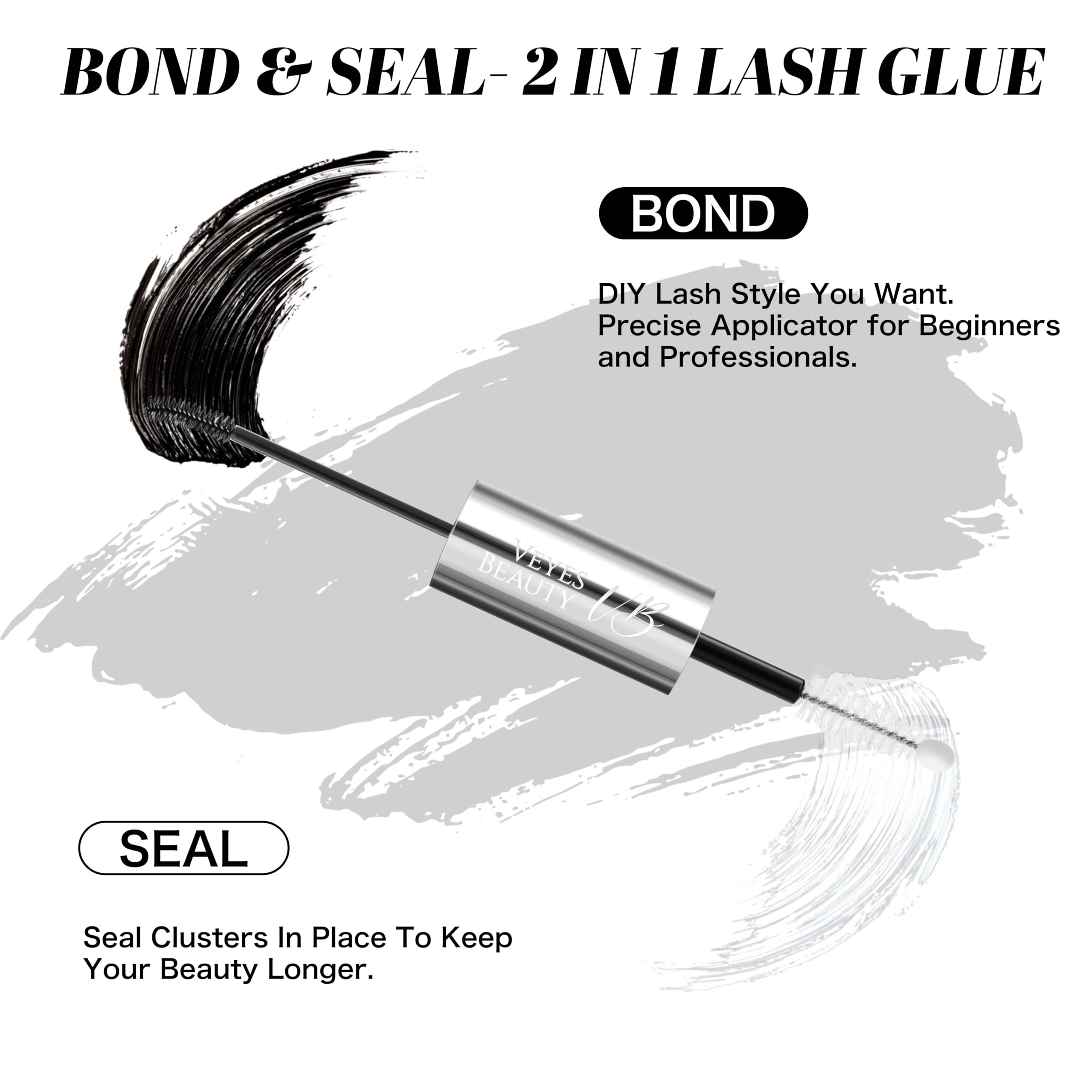 VEYESBEAUTY lash bond and seal bottle back highlighting gentle formula for comfortable wear.