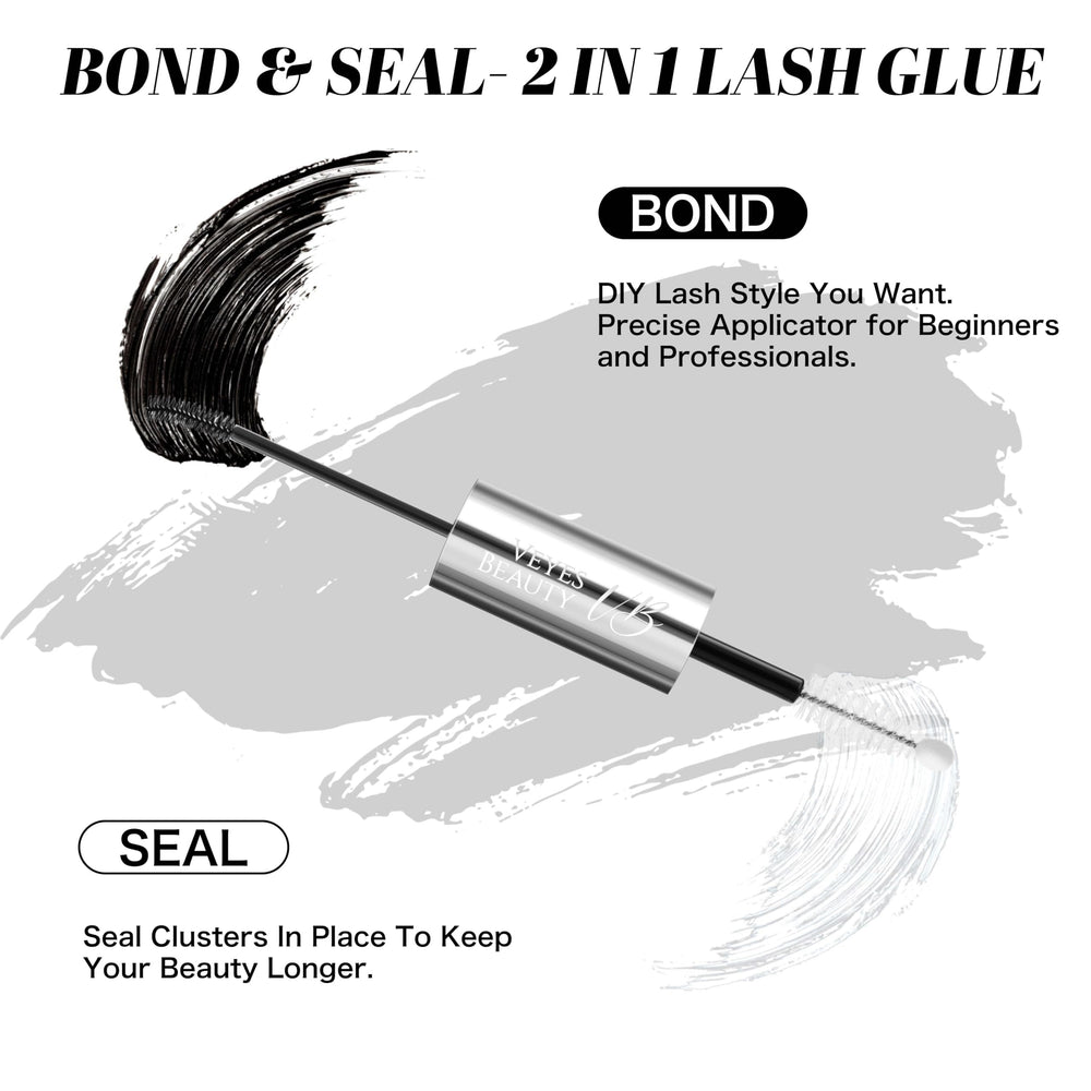 VEYESBEAUTY lash bond and seal bottle back highlighting gentle formula for comfortable wear.