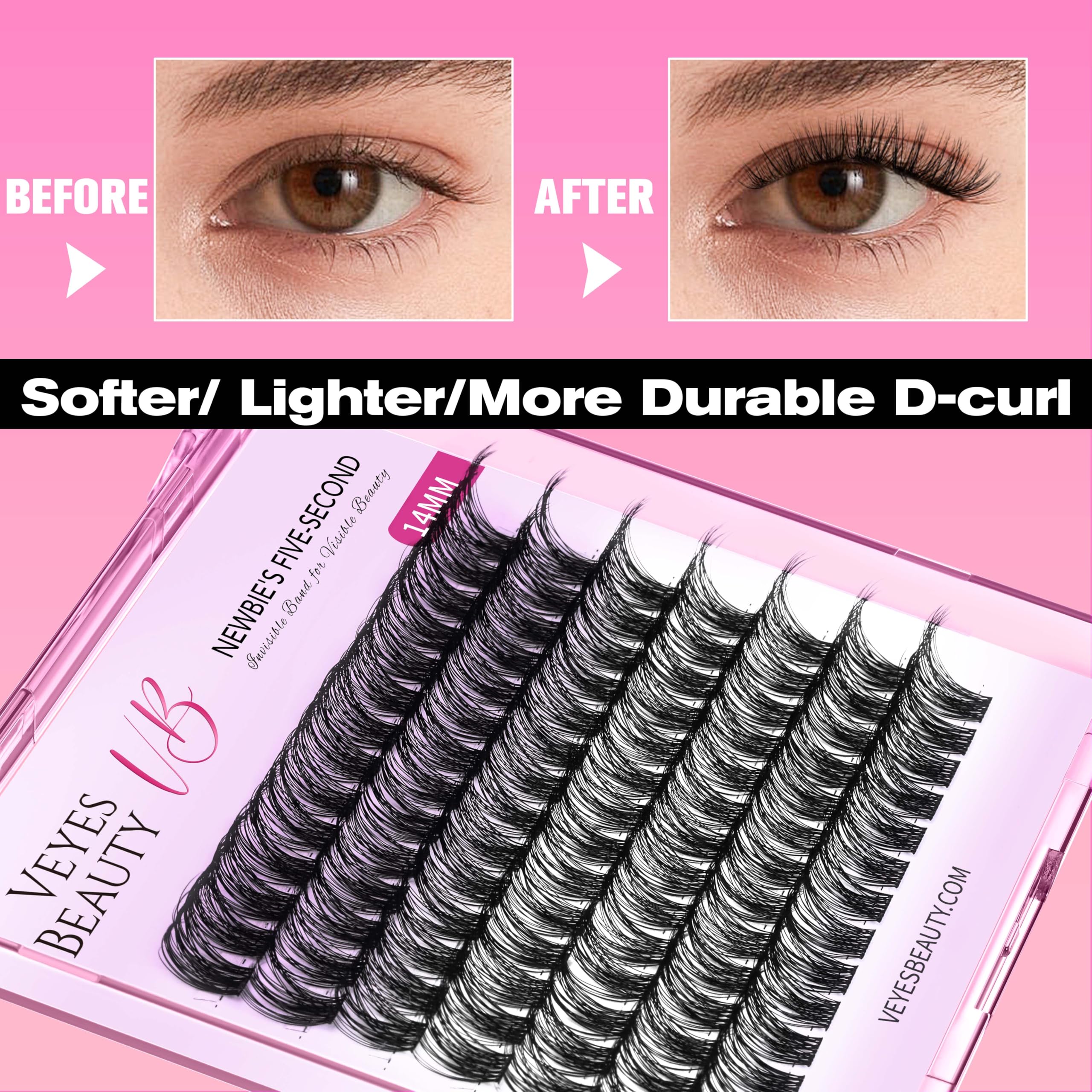 VEYESBEAUTY lash clusters applied under natural lashes for natural-looking, comfortable enhancement.