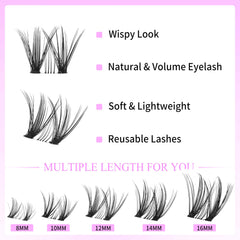 VEYESBEAUTY Lash Clusters 8-16mm mixed length for versatile styles.