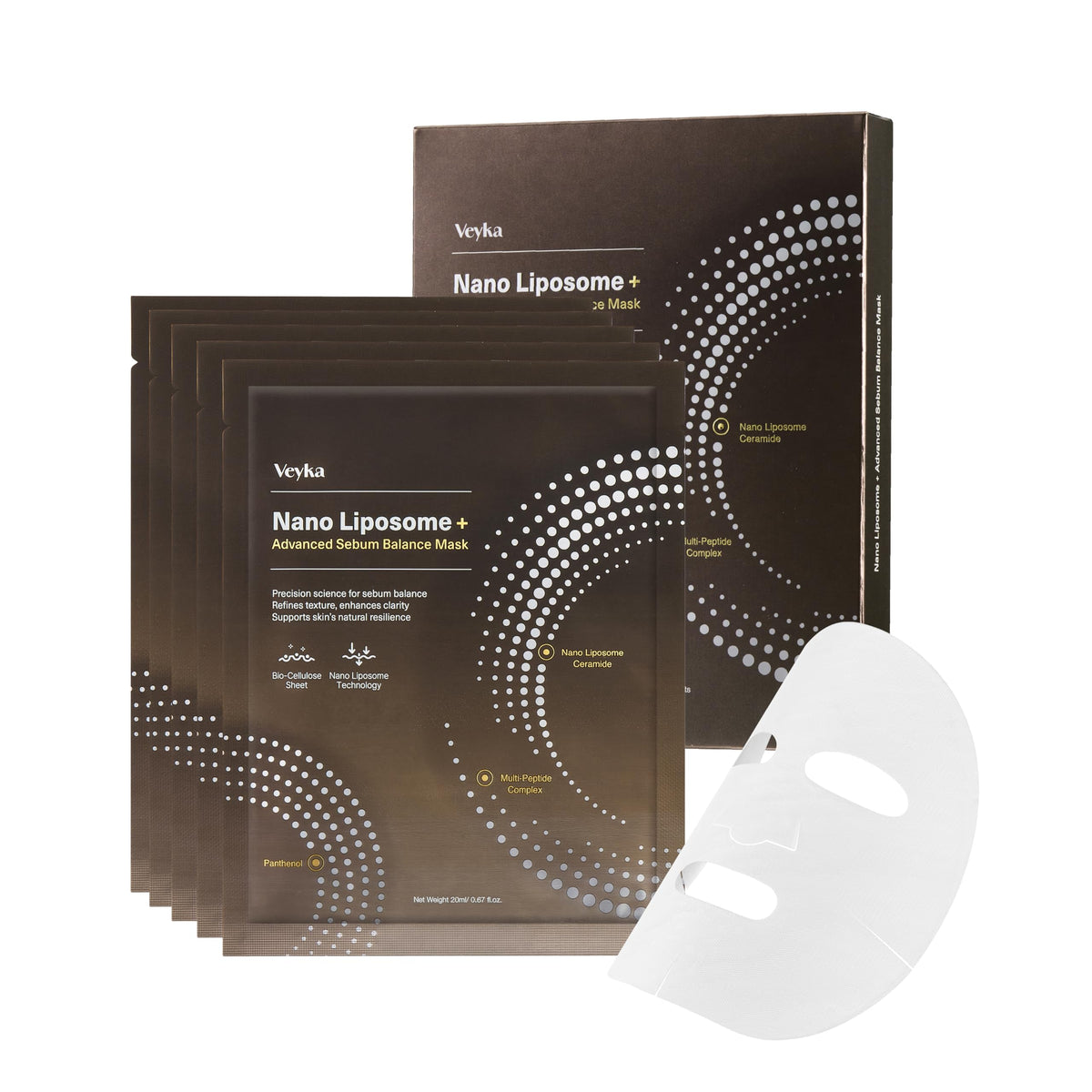 Veyka Nano Liposome mask packaging close-up, showcasing technology for refined, refreshed skin.