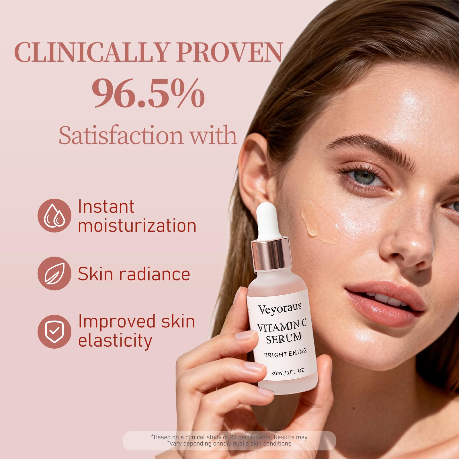 Veyoraus Vitamin C Serum dropper application; precise dosing for daily brightening.