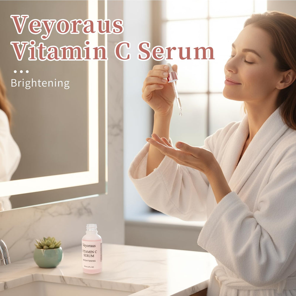 Veyoraus Vitamin C Serum luxury packaging; premium skincare ritual.