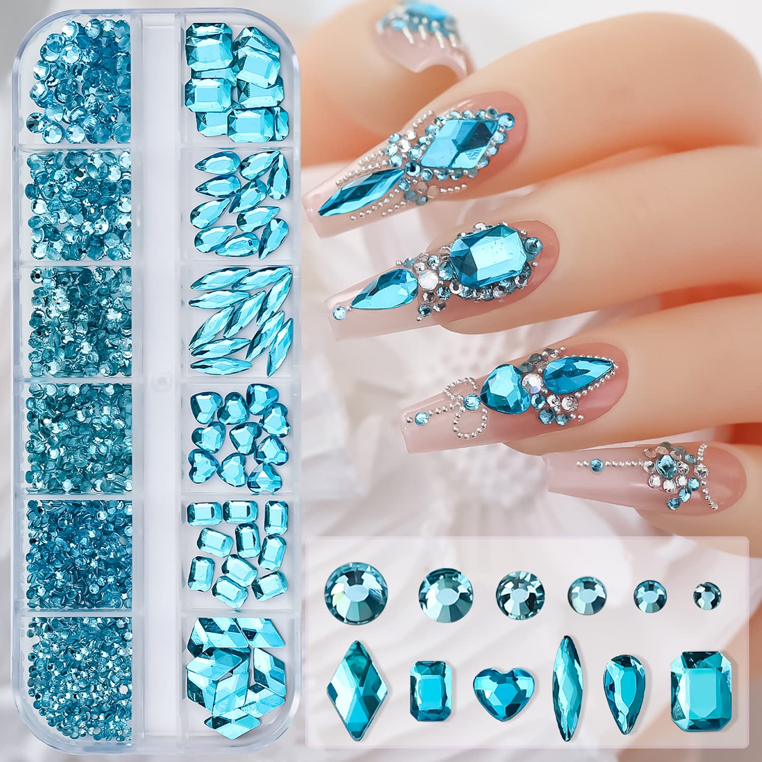 Vezocim blue nail art diamonds grid with 12 compartments for easy selection.
