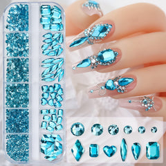 Vezocim blue nail art diamonds grid with 12 compartments for easy selection.