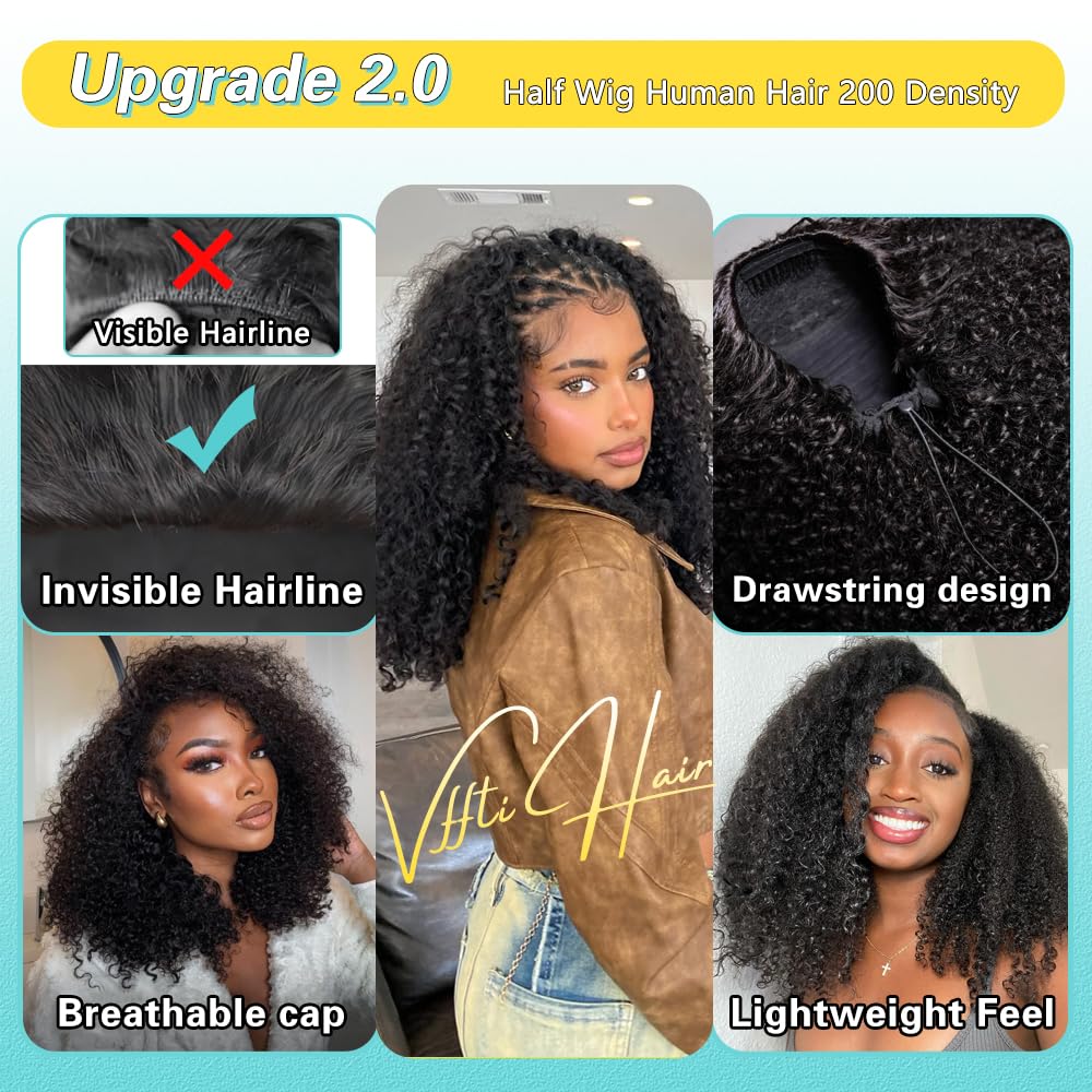 VFFTI kinky curly half wig drawstring closure secures style without glue.