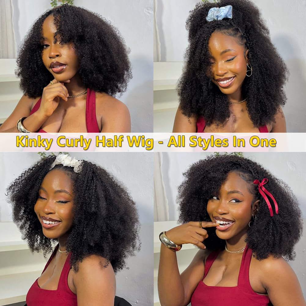VFFTI kinky curly half wig flip-over style demonstrates easy quick styling.