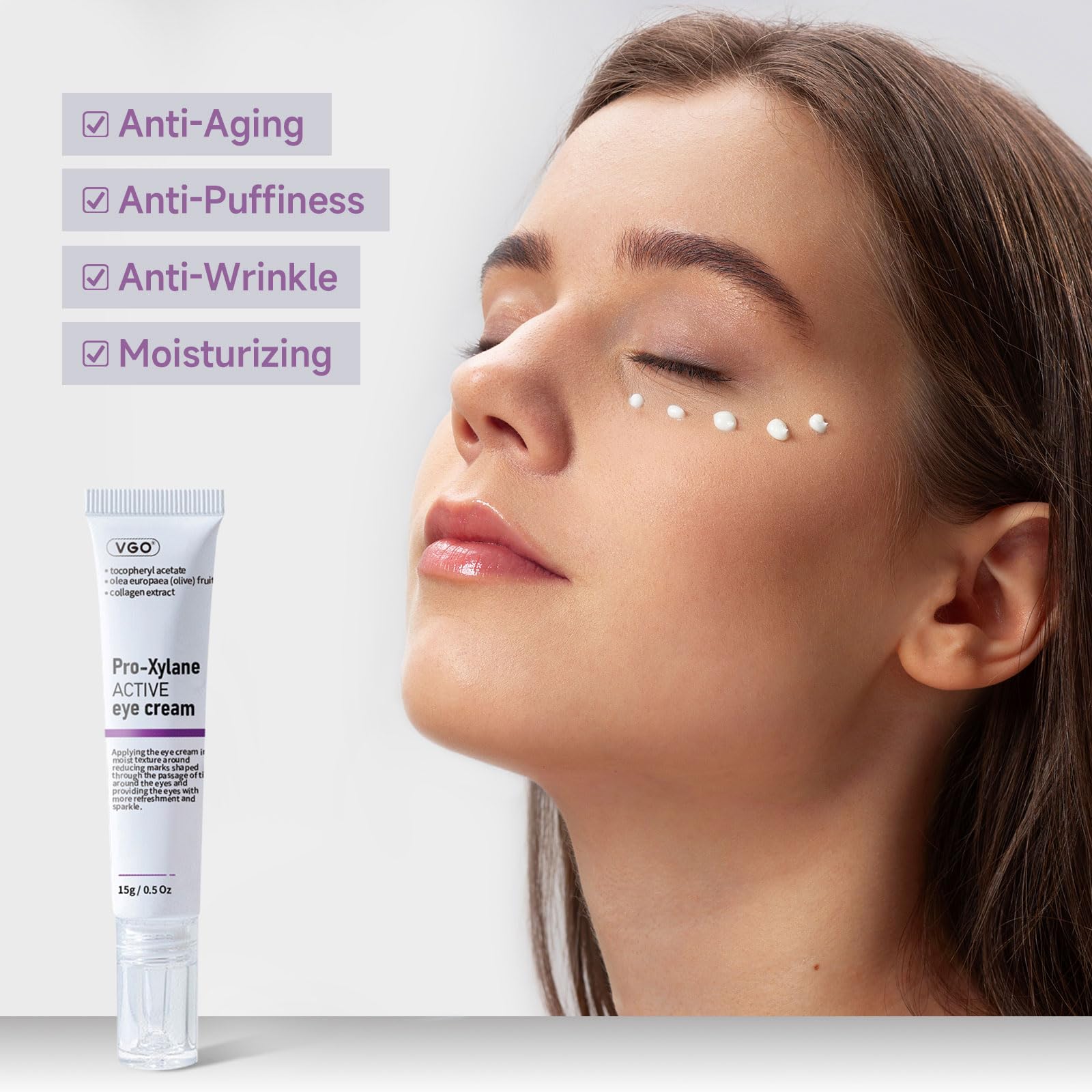 VGO eye cream applying to dark circles for a brighter look