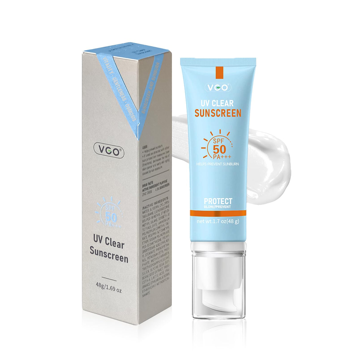 VGO Mineral Sunscreen bottle close-up with SPF 50 protection.