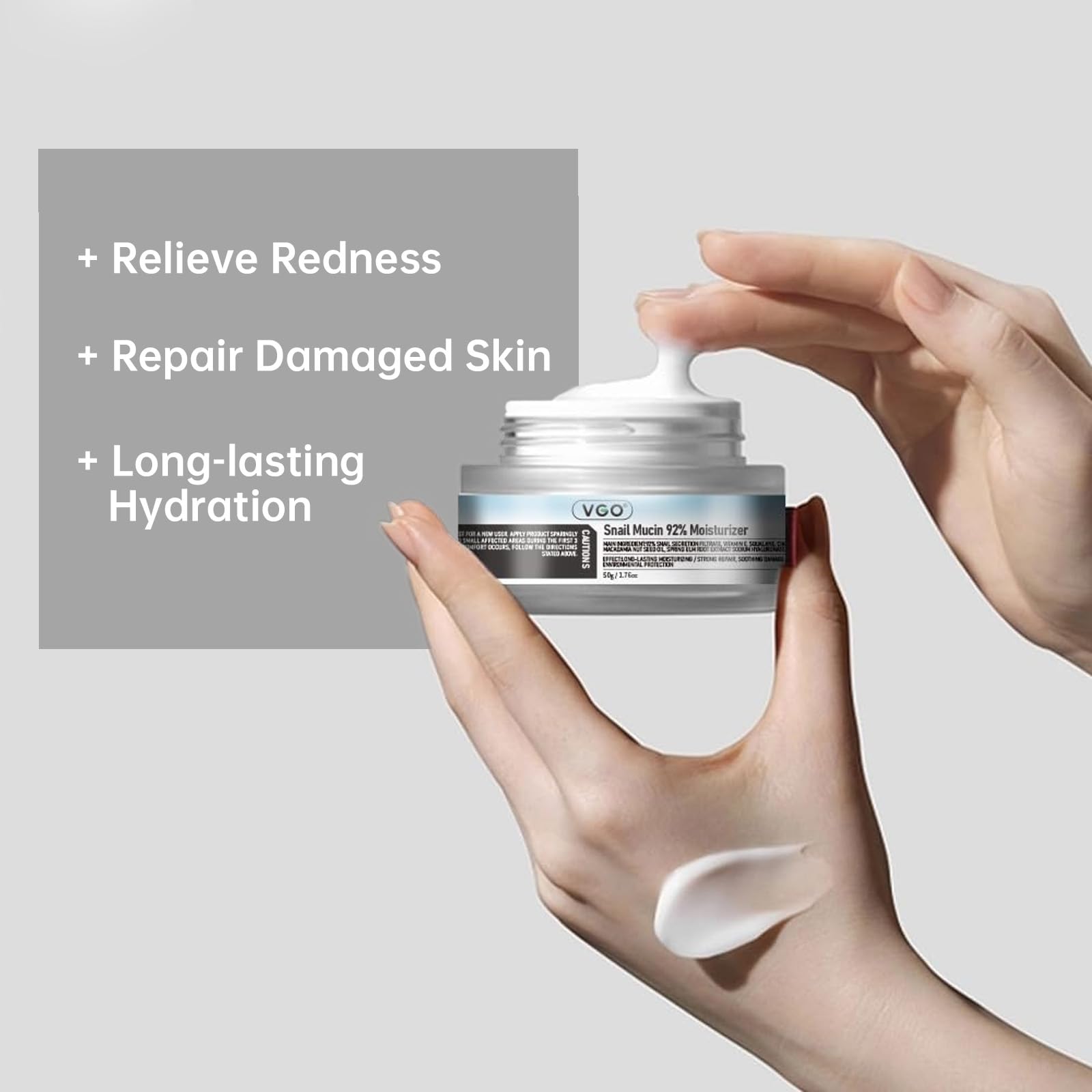 VGO Serum application close-up shows smooth texture for even coverage.