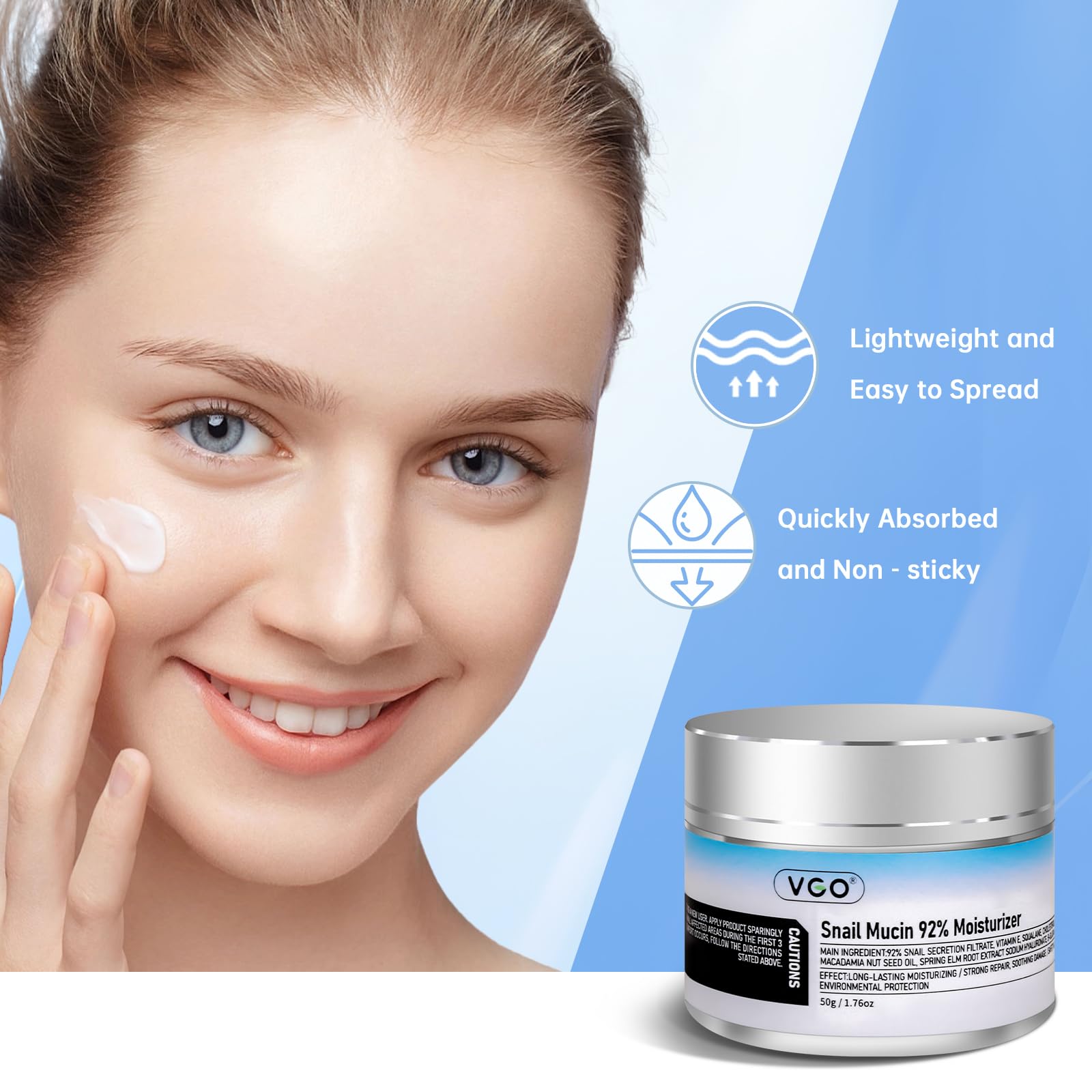 VGO snail mucin moisturizer jar close-up, showing the 72-hour hydration feature.