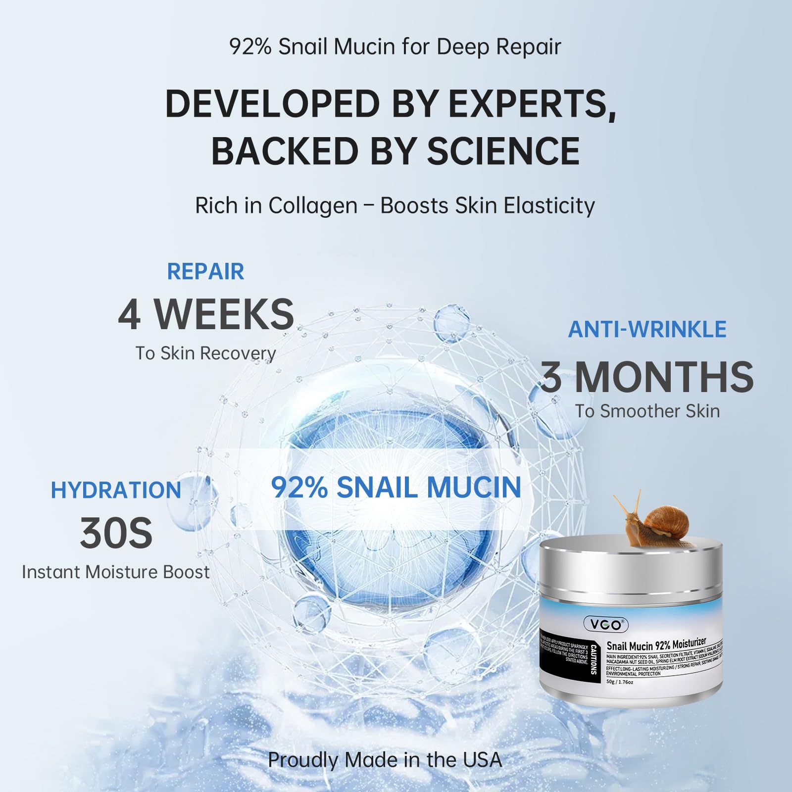 VGO snail mucin moisturizer displayed on beard area, illustrating smooth glide during use.