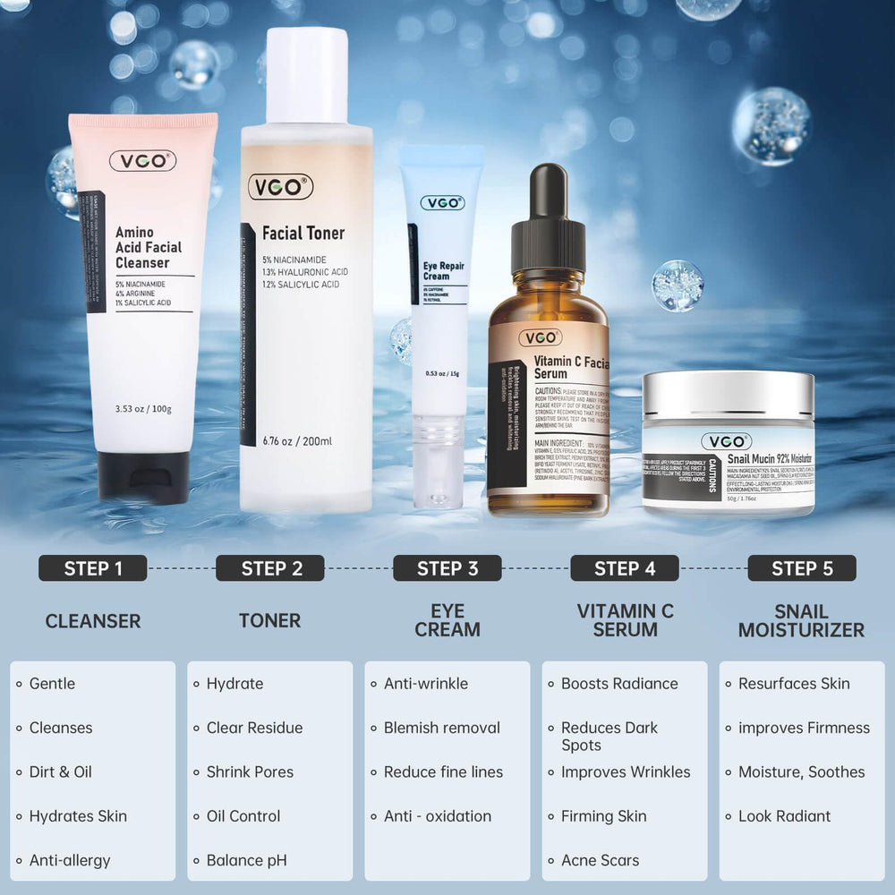 VGO vitamin C serum bottle supports brightening and smooth texture.