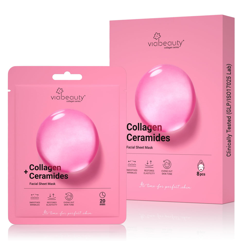 VIABEAUTY collagen mask ceramides packaging showcases convenient individual sachets for on-the-go skincare