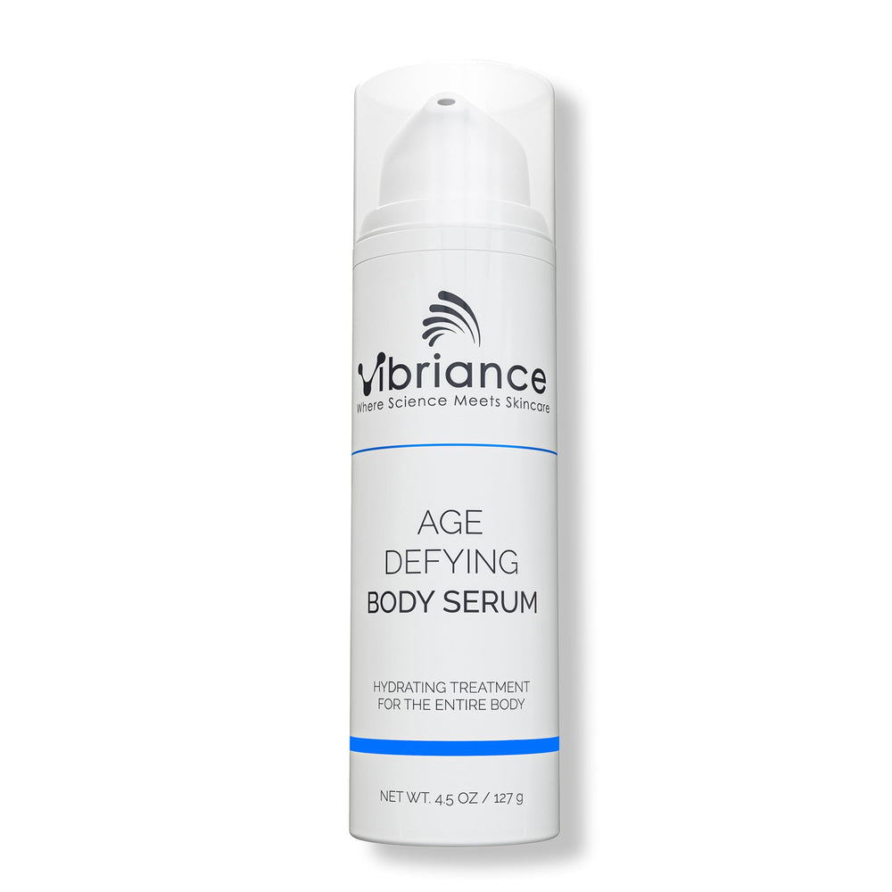 Vibriance Age Defying Body Serum bottle with dropper delivering deep hydration.