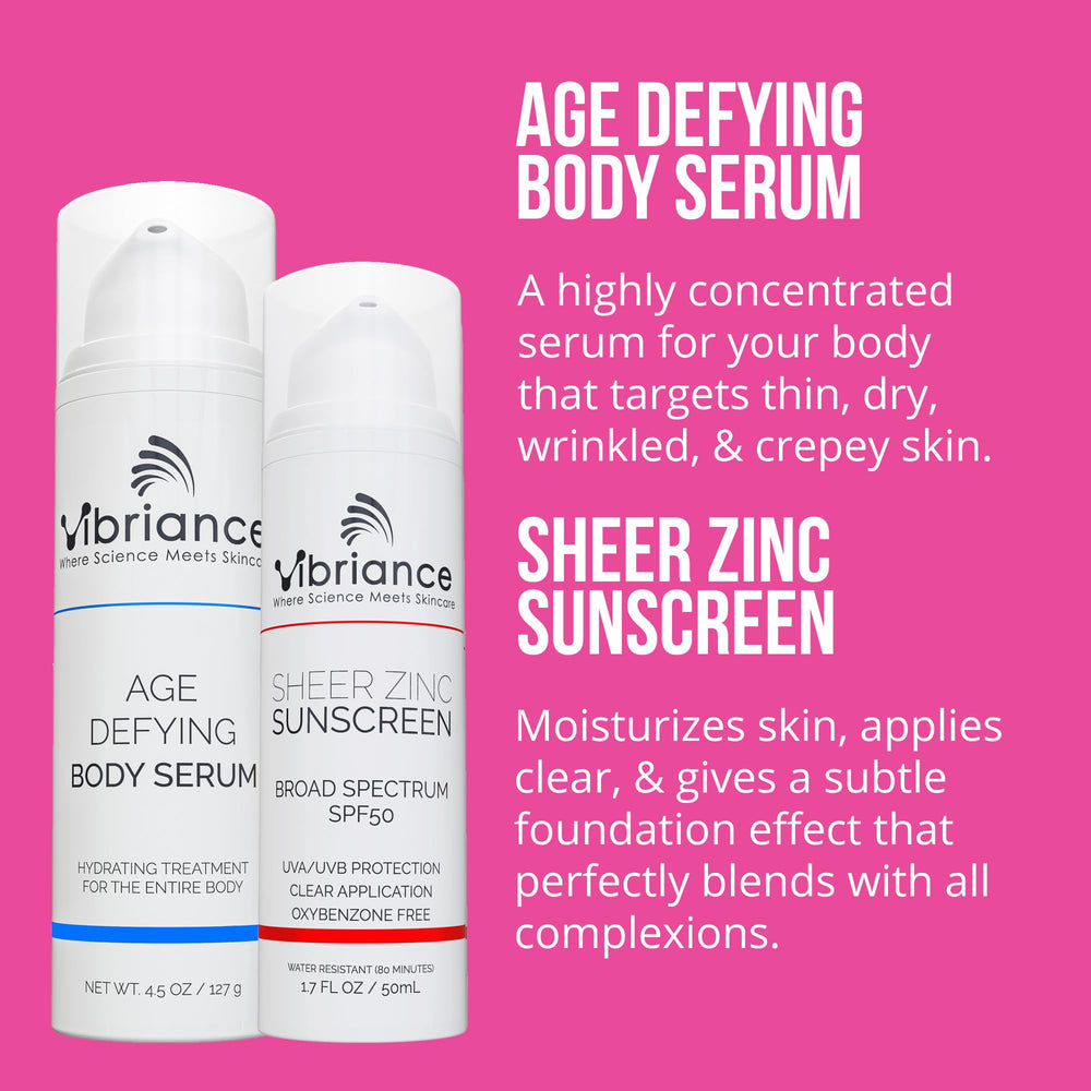 Vibriance Age Defying Body Serum demonstrates nourishing firming for neck to toes