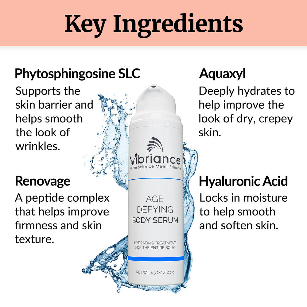 Vibriance body serum being applied to forearm for daily moisturizing.