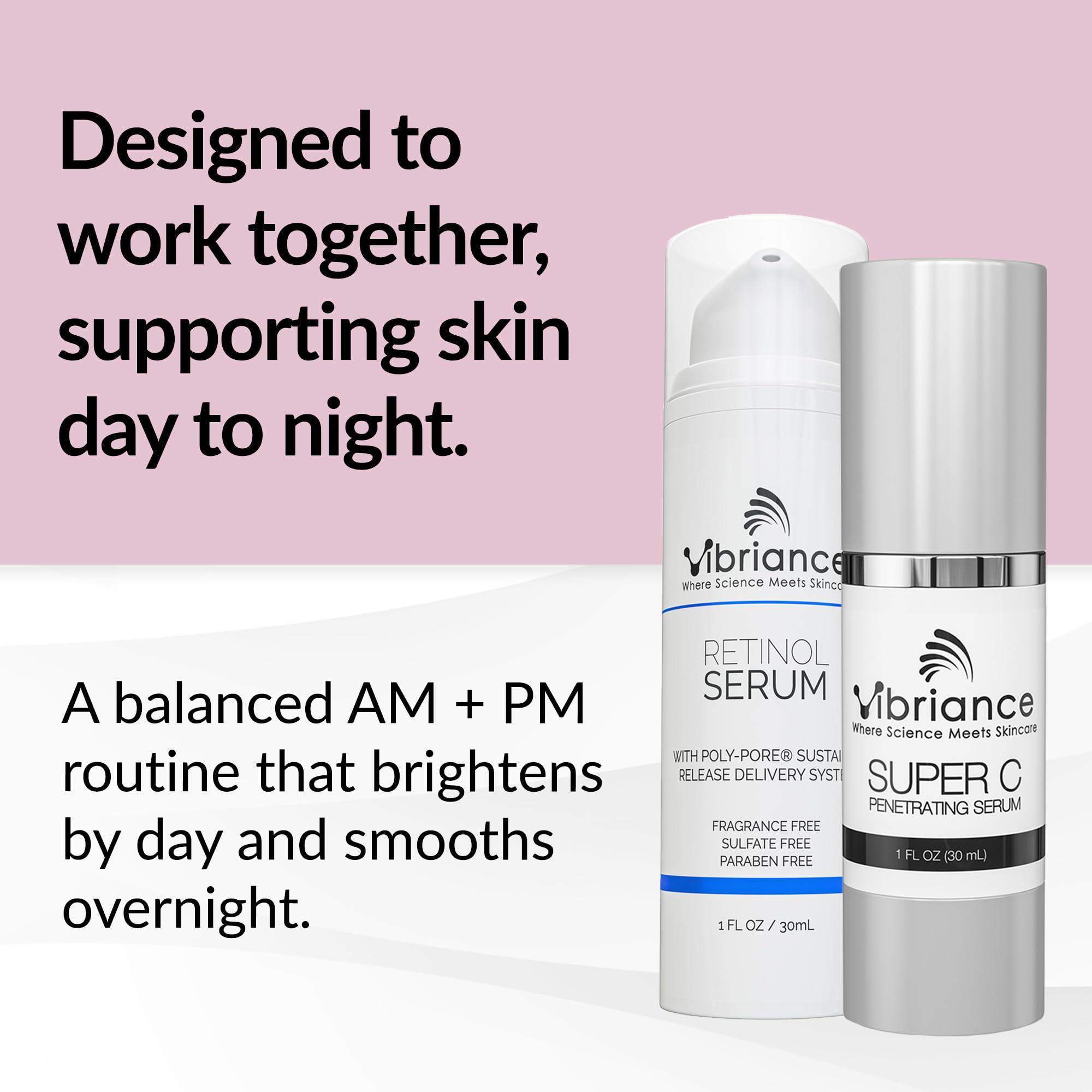 Vibriance Retinol Serum bottle shown for gentle overnight renewal