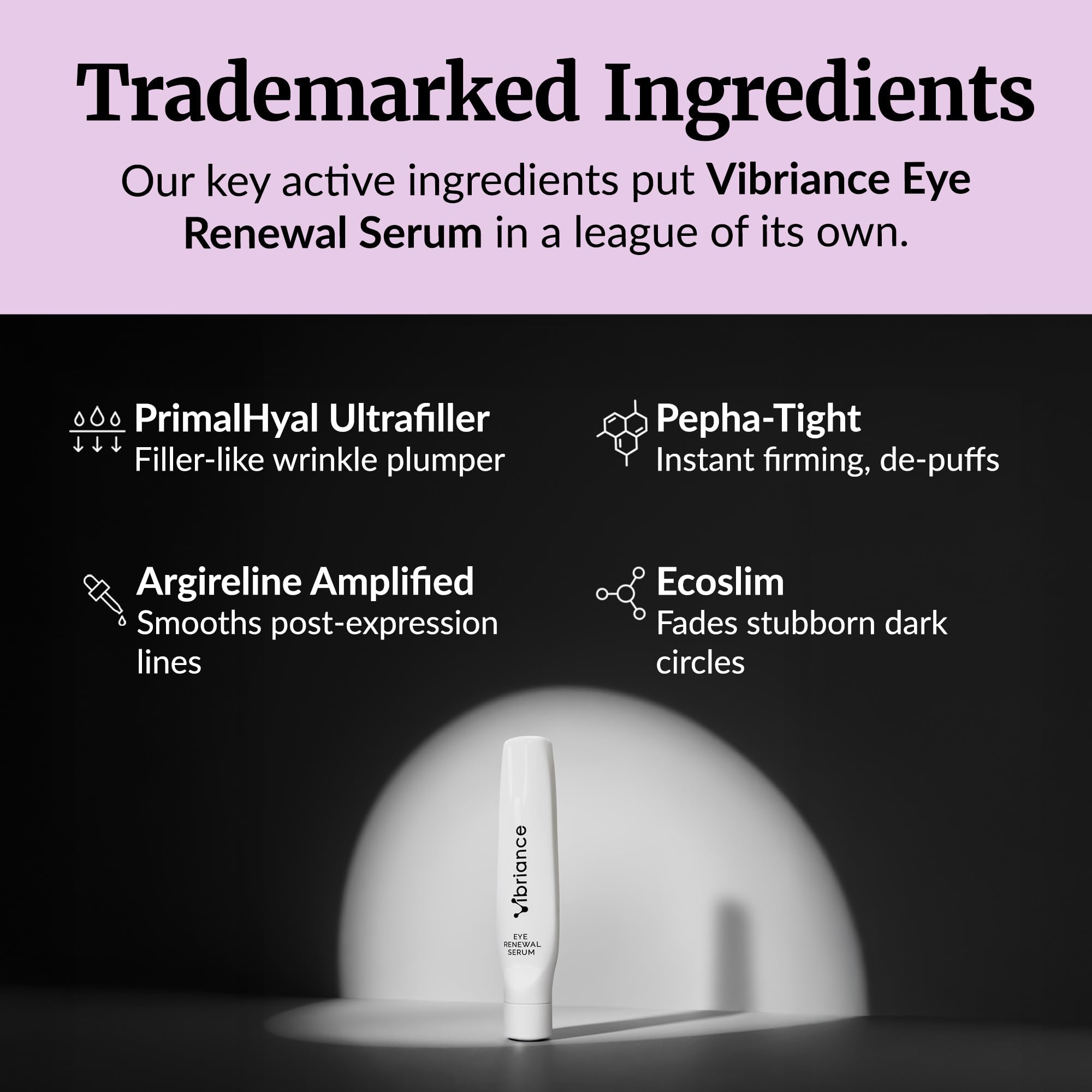 Vibriance Eye Renewal Serum highlights Pepha-Tight for tightening around the eyes.