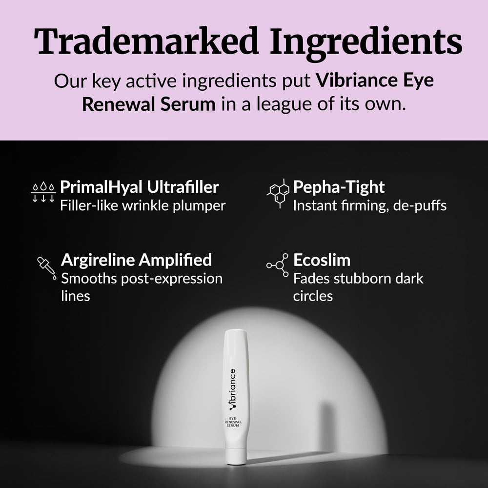 Vibriance Eye Renewal Serum highlights Pepha-Tight for tightening around the eyes.