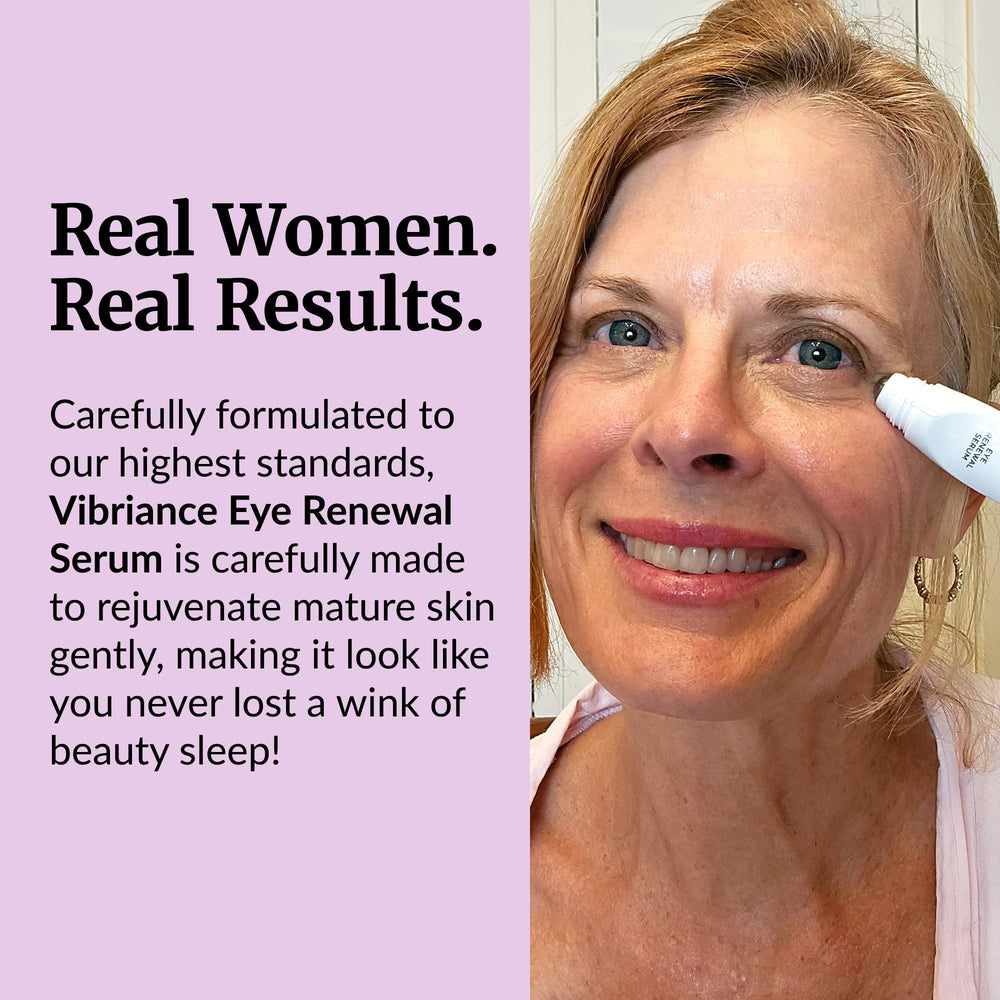 Vibriance Eye Renewal Serum packaging emphasizes easy, hygienic roll-on application.
