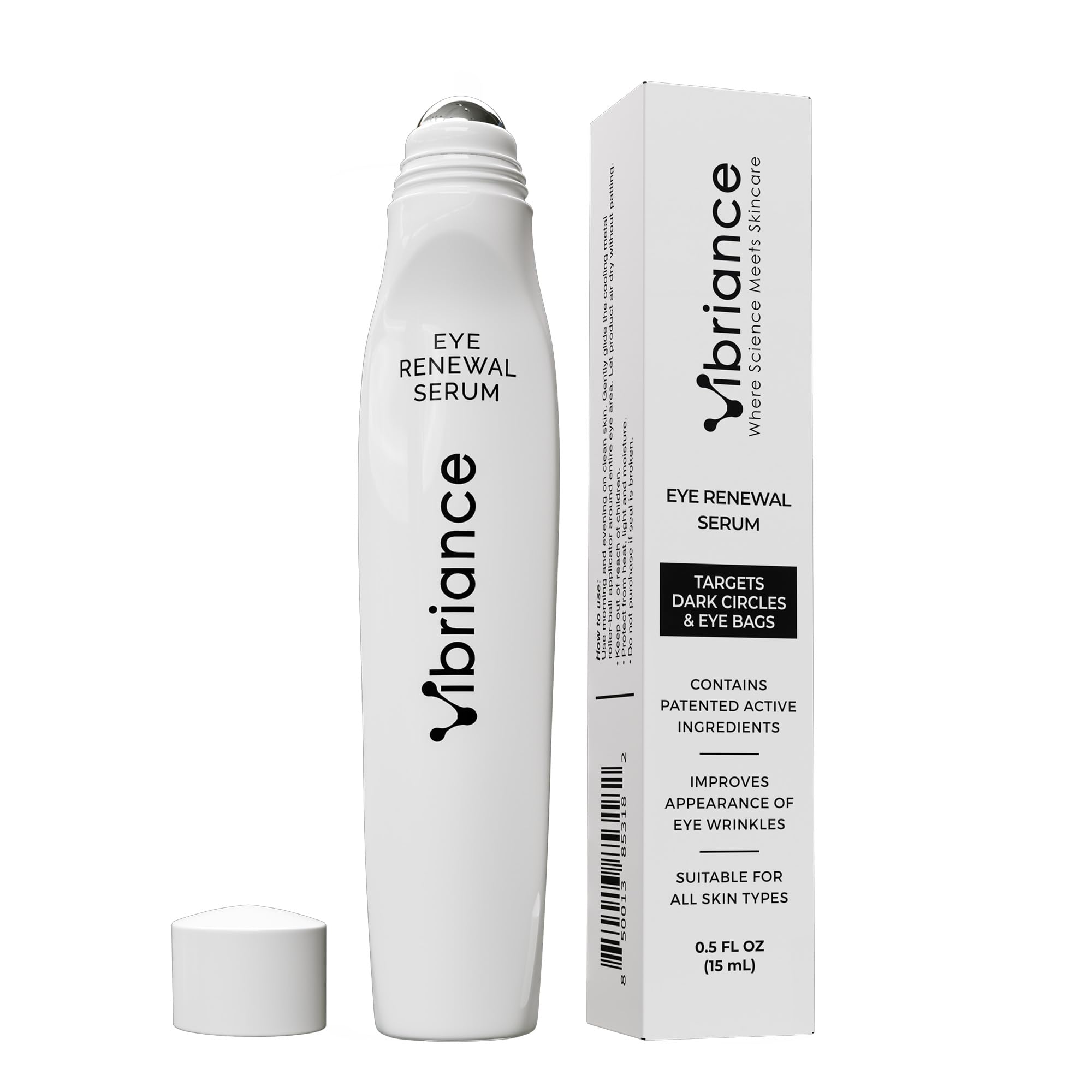 Vibriance Eye Renewal Serum tube with metal roll-on for cool, even application around the eye area.