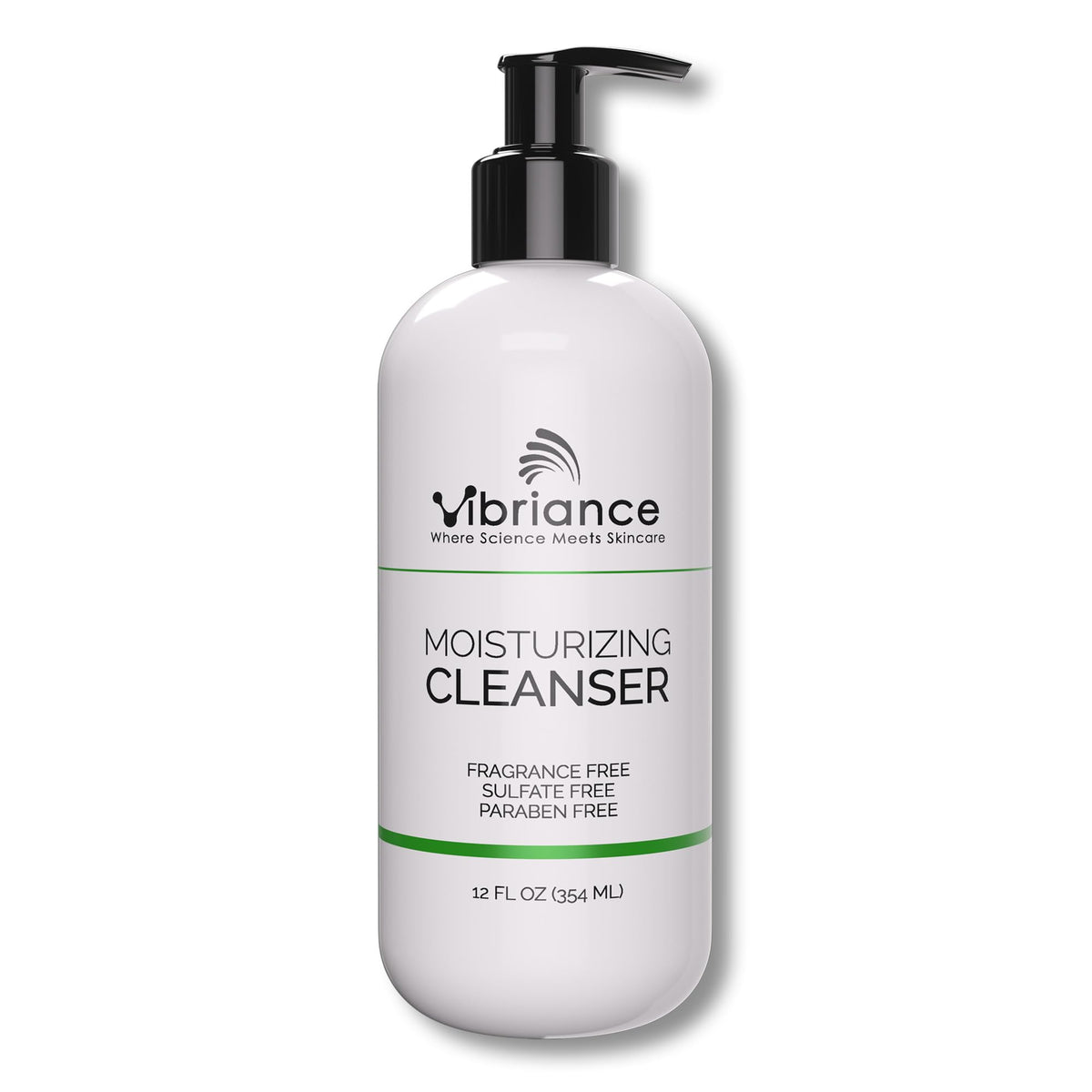 Vibriance Moisturizing Cleanser bottle pouring oil-to-foam texture for gentle cleansing