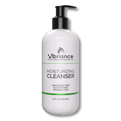 Vibriance Moisturizing Cleanser bottle pouring oil-to-foam texture for gentle cleansing