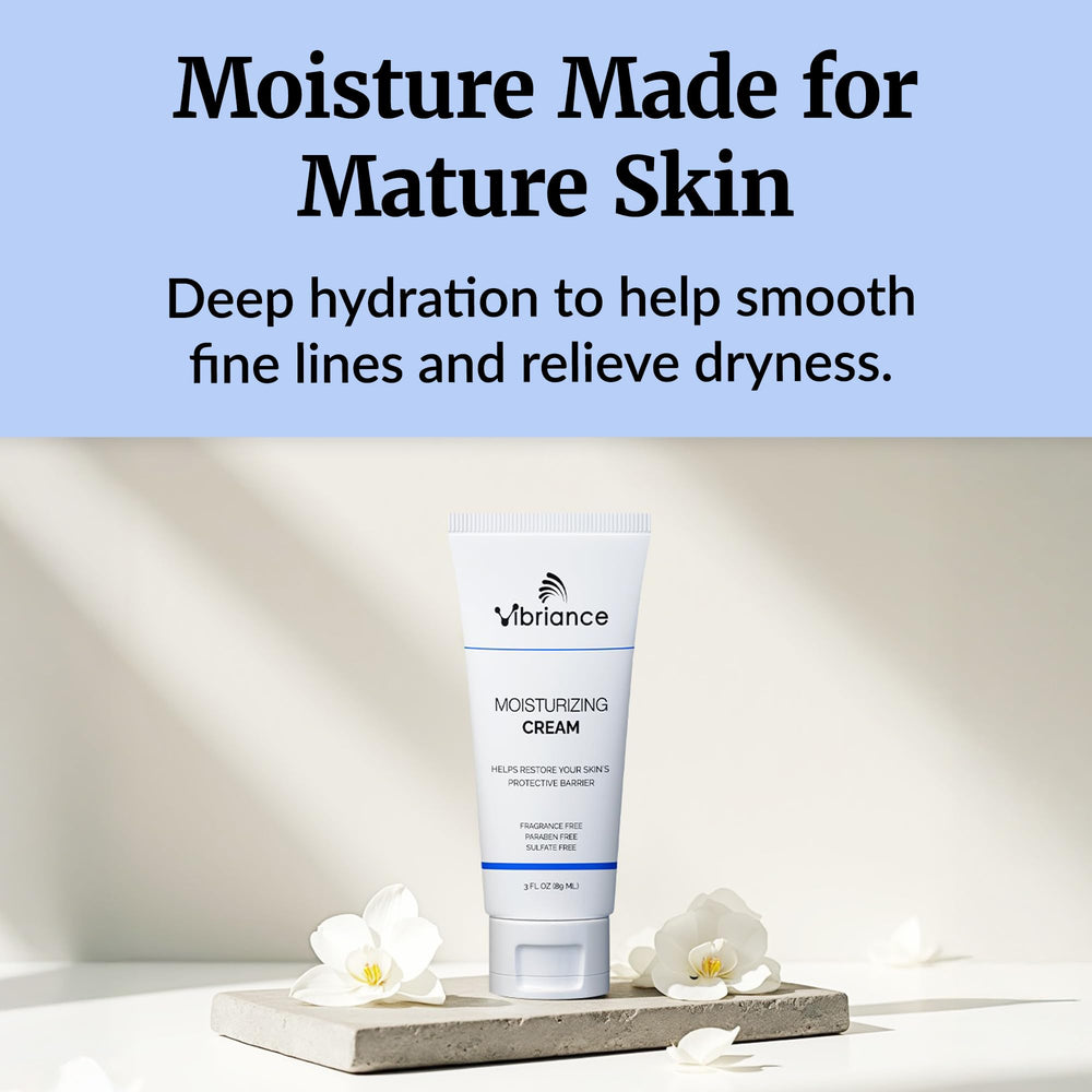 Vibriance Moisturizing Cream shown for day and night use on aging skin.