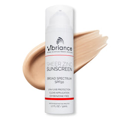 Vibriance Sheer Zinc Sunscreen bottle front with SPF 50 for daily face protection.