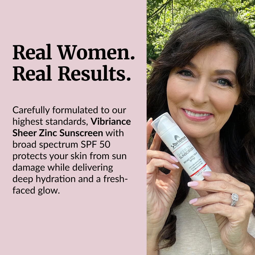 Vibriance Sheer Zinc Sunscreen on morning shelf with subtle glow finish.