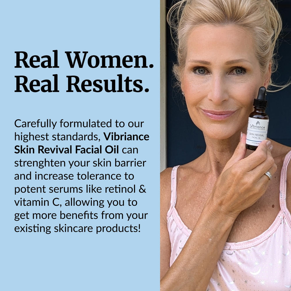 Vibriance Skin Revival Oil absorbed into clean skin showing lightweight finish