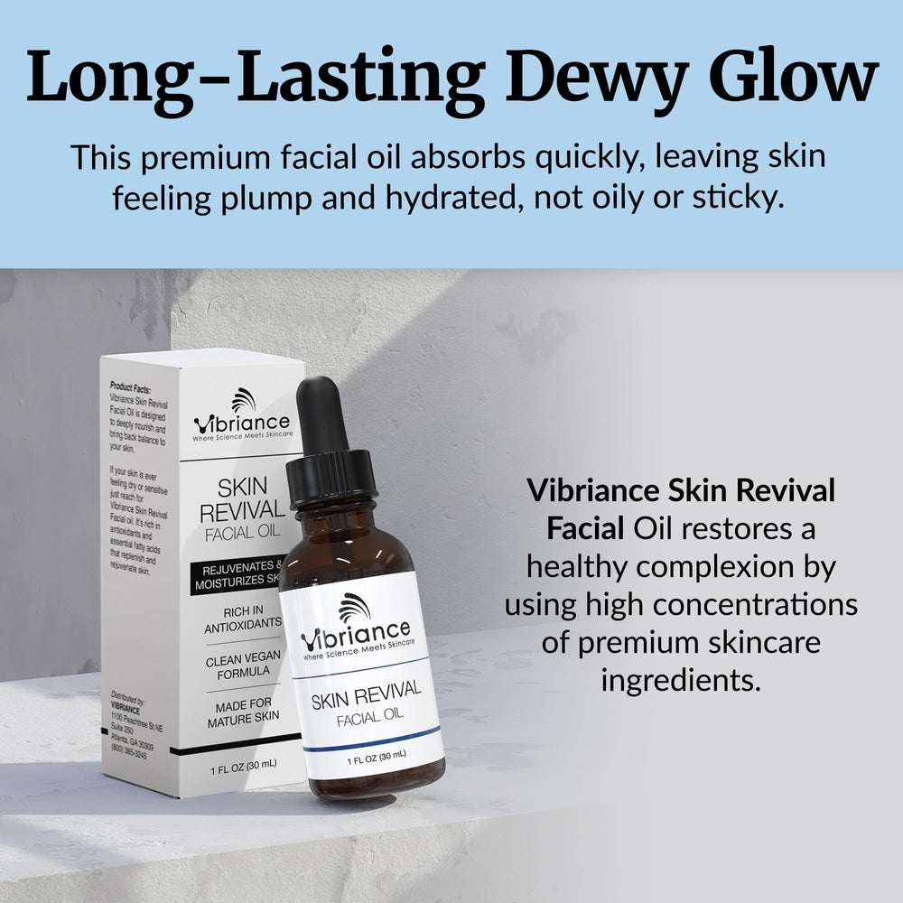 Vibriance Skin Revival Oil packaging emphasizing vegan, paraben-free formula