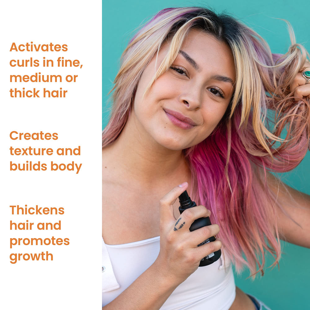 VICIOUS CURL Curlicure Therapy Mist on curly hair adds gentle shine and smoothness