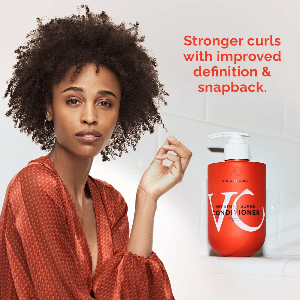 Close-up of VICIOUS CURL Moisture Surge label highlighting moisture benefits
