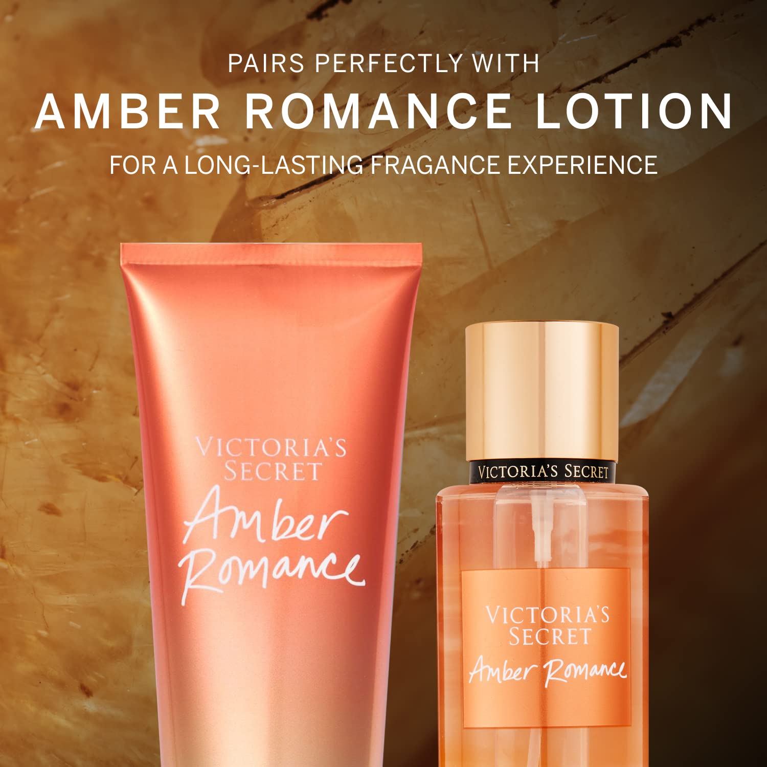 Victoria's Secret Amber Romance Mist close-up cap gleam hints at premium fragrance.