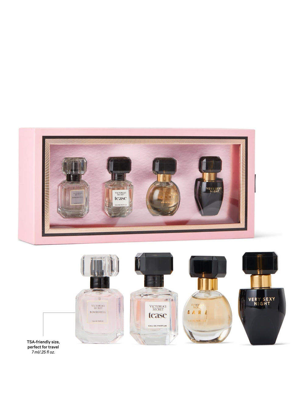 Victoria's Secret Bare bottle close-up, woody floral blend ideal for travel sets.