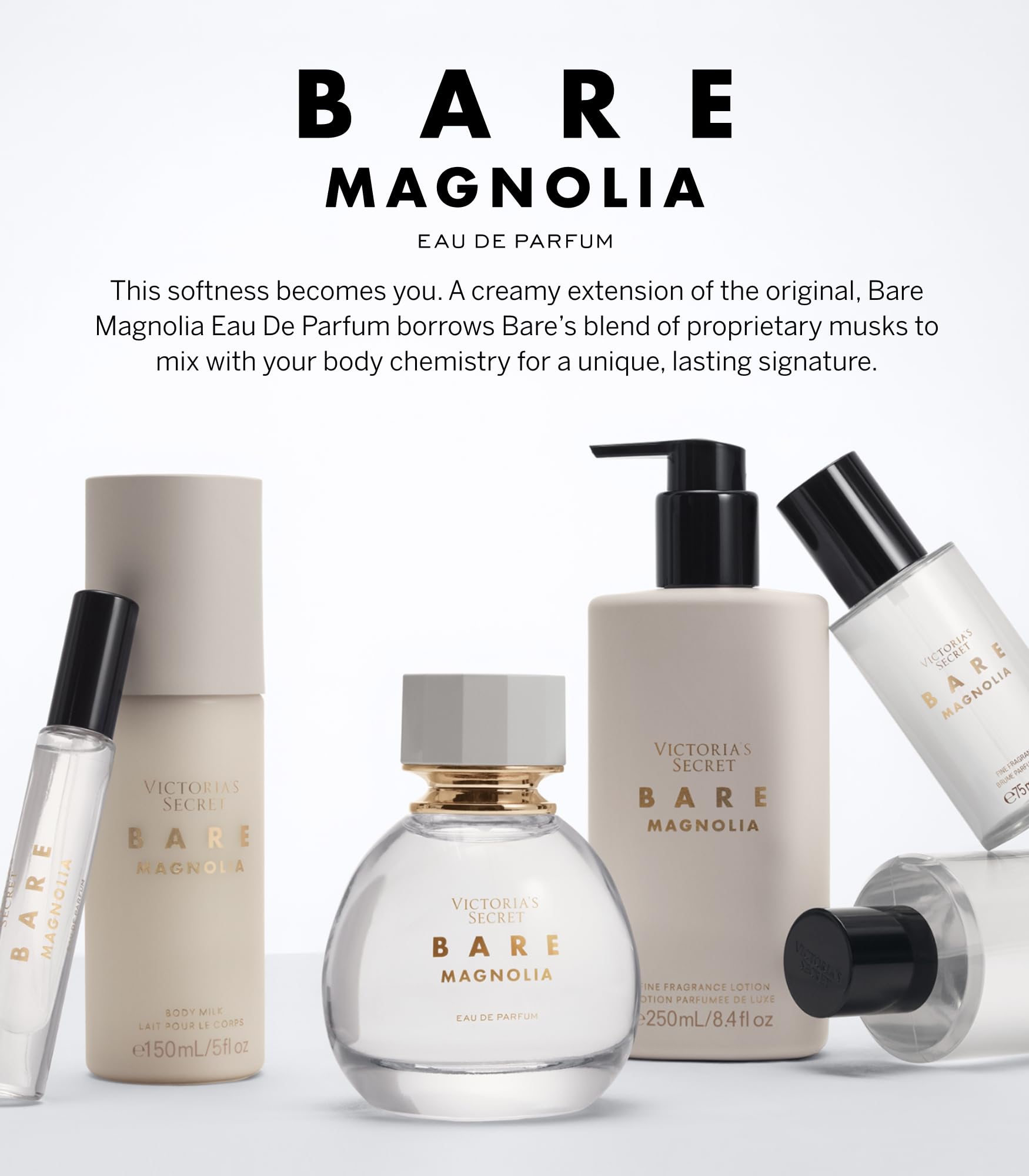 Victoria's Secret Bare Magnolia Fragrance Mist label closeup highlighting orange flower and vanilla musk notes.