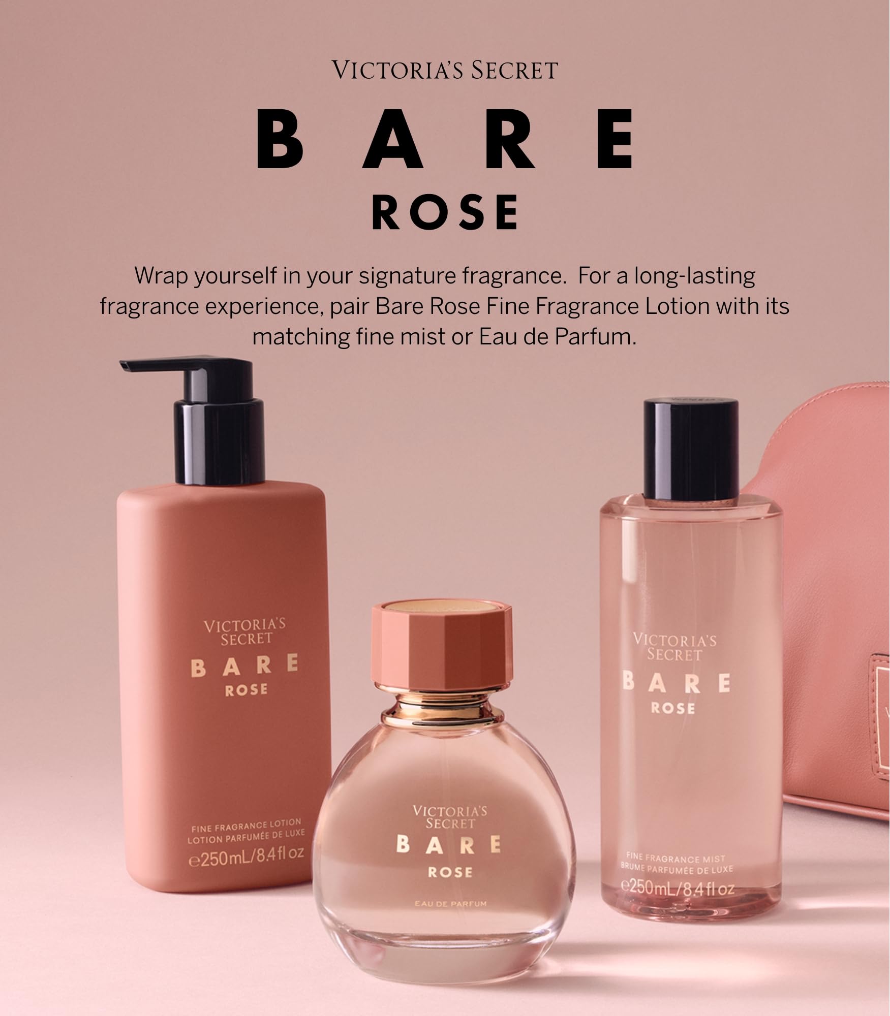 Bare Rose fragrance mist with lotion layering for extended scent.