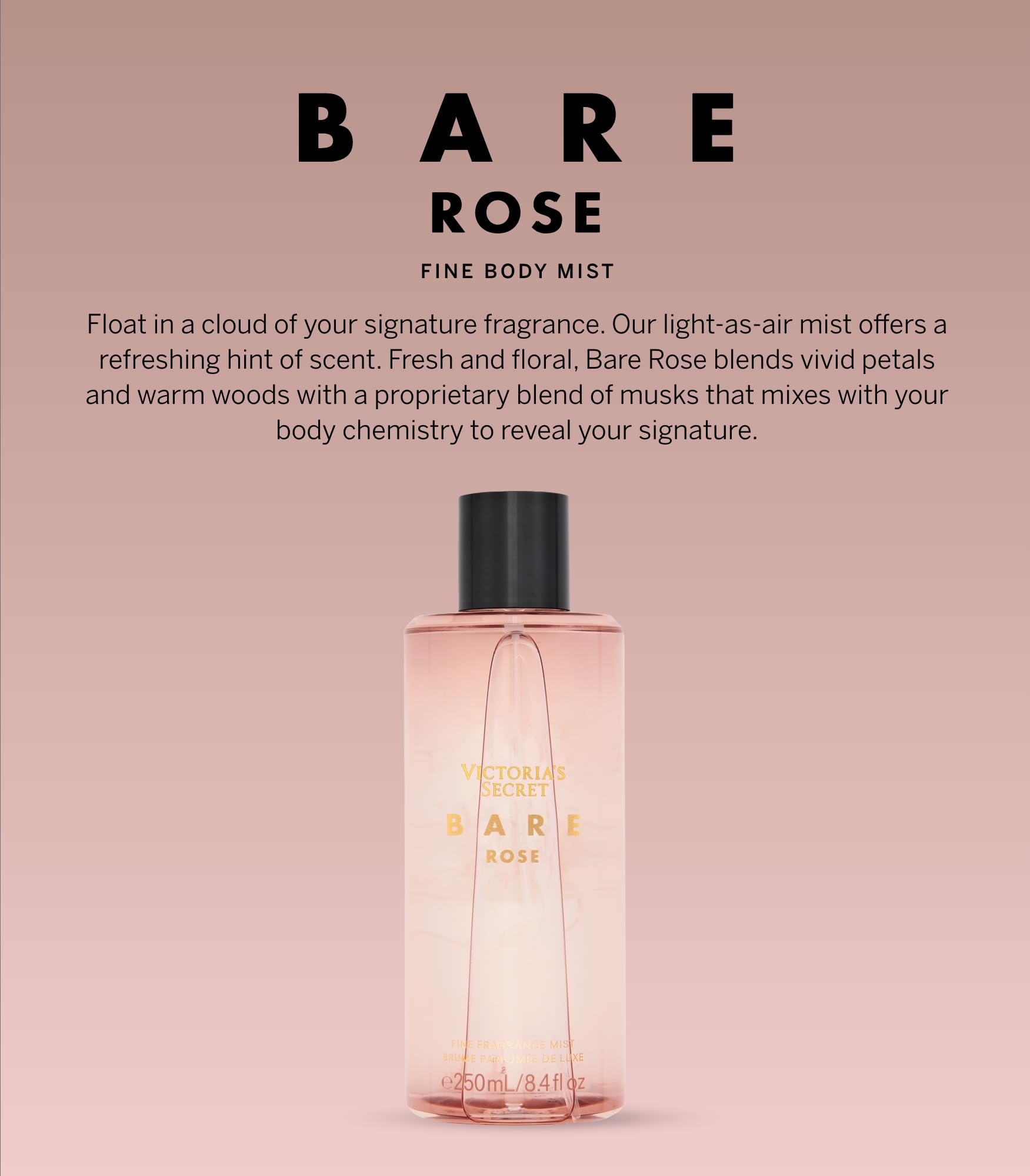 Bare Rose fragrance mist spray delivers a light touch of warmth.