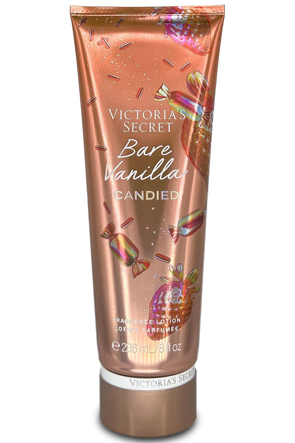Victoria's Secret Bare Vanilla Candied fragrance lotion bottle for silky skin and lingering scent.