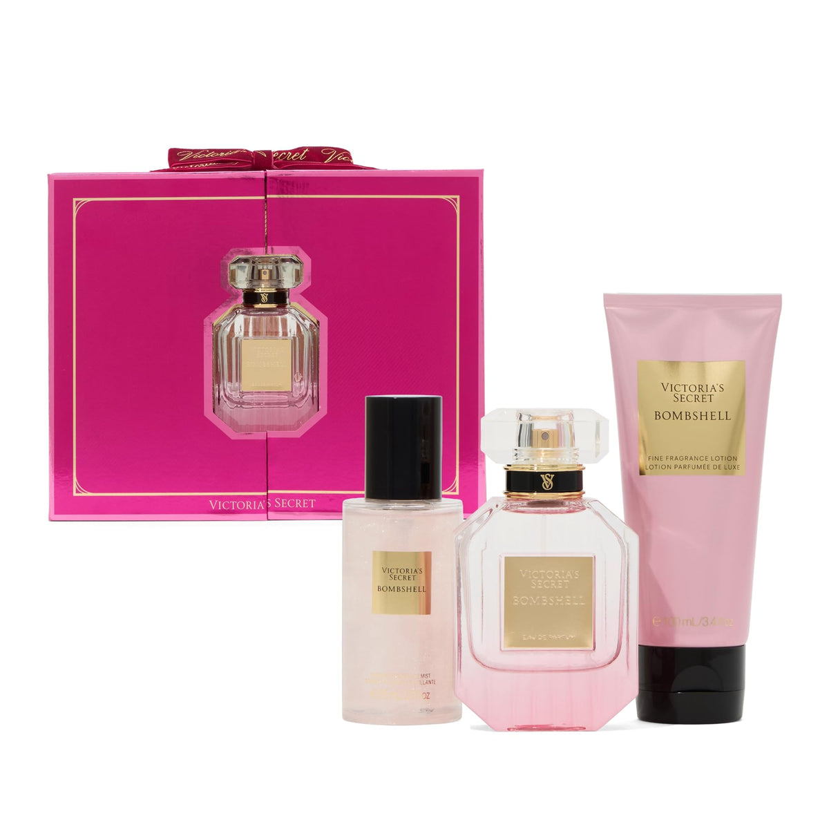 Victoria's Secret Bombshell edp-bottle-pour highlights a luxe, long-lasting fragrance.