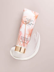 Victoria's Secret lotion texture close-up indicates creamy, quick-absorbing hydration.