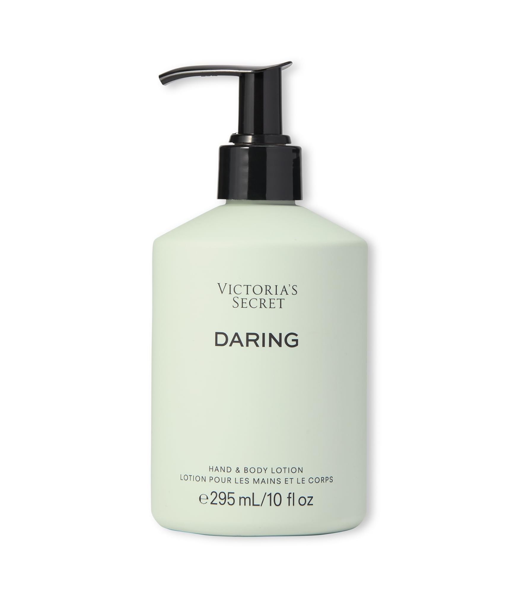 Victoria's Secret Daring fragrance body lotion bottle front with amber woody scent for daily wear.