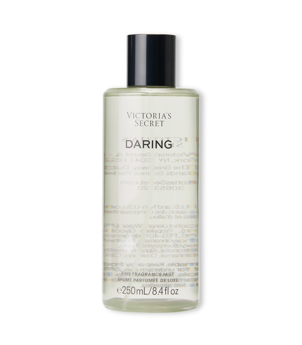 Victoria's Secret Daring Fragrance Mist bottle view highlighting amber-woody notes for daily wear.